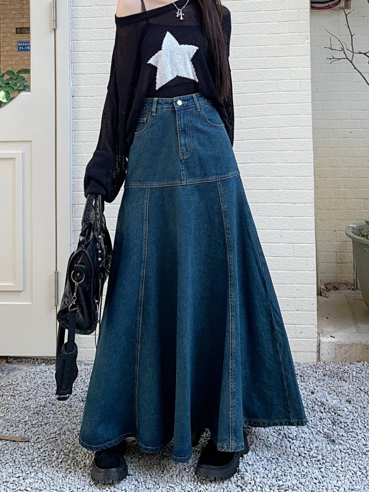Yipinpay Long High Waist Versatile Fishtail Denim Skirt Woman
