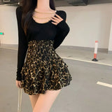 Yipinpay Mini Print High Waisted Leopard Skirts Faldas Mujer Moda Y2k Skirt Vintage 2023 Skirts for Women Chiffon Cake New Pleated