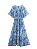 Yipinpay Blue Floral Dress Woman Ruffle Long Dresses For Women Short Sleeve Beach Summer Dress Women 2023 Elegant Midi Dresses