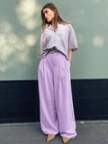 Yipinpay Lavender Chic Pleated Women Palazzo Trousers High Waist Wide Leg Pants Floor-Length 2023 Lady Trousers Pocket Solid