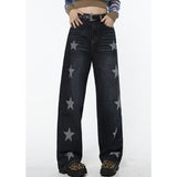 yipinpay Women Blue Jeans Stars Vintage American Fashion Streetwear Style Bottoms Wide Leg Jean Female Baggy Trouser Straight Denim Pants