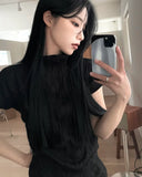 Yipinpay Vintage Slim Crop Tops High Neck Flying Sleeve Short Sleeve T-shirts Y2k Tee Clothes Black Tshirt Korean Pleated Shirts