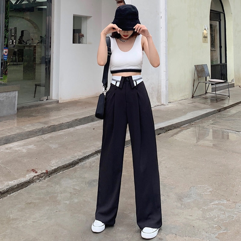 yipinpay Women's Fashion Black Self Cultivation Suit Pants High Waist Straight Mopping Pants Casual Thin Wide Leg Trouser Ladies Spring