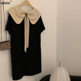 Yipinpay Bow Peter Pan Collar Loose Dress Mini Black Casual Vestido Curto Summer 2023 Jurken Vintage Elegant Pink Korean Femme Robe