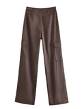 Yipinpay Women's Cargo Trousers Brown Cargo Pants Women High Waist Baggy Pants Woman Fashion Pockets Streetwear Satin Casual Pants