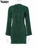 yipinpay 2023 Fashion Green Club Sexy Pleated Mini Wrap Dress Women Outfits Long Sleeve O Neck Evening Party Dress Elegant Autumn 911