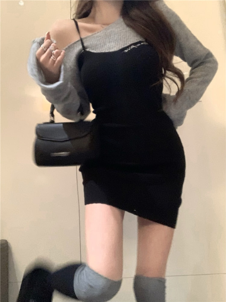 Yipinpay Two Slim Bodycon Dress Pure Color One Piece Dress Korean Casual 2023 Winter Long Sleeve Vintage Y2k Mini Dress Woman Chic