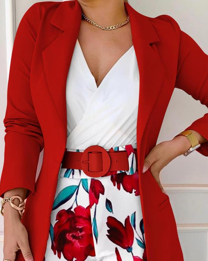Yipinpay Sleeve Blazer & Floral Print Shorts Set with Belt Women Casual New Fashion 2023 Female Clothing Outfits Suit