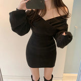 Yipinpay De Mujer Sexy V Neck Black Wrap Hip Off The Shoulder Sweater Dress Mini Wild Casual Grey Women Knit Dress Bodycon 2023