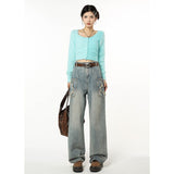 yipinpay Blue High Waist Women Jeans American Fashion Streetwear Wide Leg Jean Female Winter Trouser Straight Baggy Denim Pants
