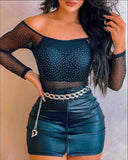 Yipinpay Skirt Sets Rhinestone Decor Sheer Mesh Long Sleeve Top & Mini Skirt Set women two piece outfits 2023 Women's clothing sets