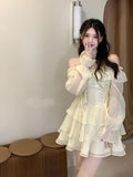 Yipinpay Sleeve Elegant Mini Dress Lolita Pure Color Short Party Dress Woman Casual 2023 Spring Sweet One Piece Dress Korean Fashion