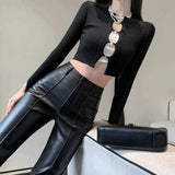 Yipinpay Leather Baggy Pants Women High Waist PU Faux Leather Trousers Patchwork Black Female Streetwear Clothing 2023