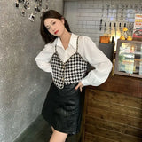 Yipinpay Houndstooth Vest Vintage Blusas Mujer De Moda 2023 Spring White Chiffon Shirt Women 2 Piece Sets Tops Blouse