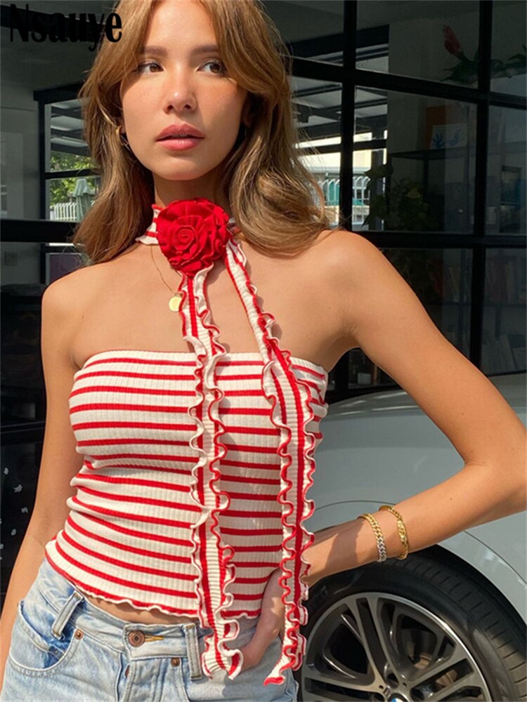 yipinpay Sexy Women Halter Off Shoulder Knitted Striped Tube Y2K Crop Tops Skinny Mini Summer Casual Fashion 2023 Tank Tops 90s
