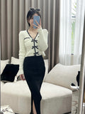 Yipinpay Knitted Pullover Office Lady 2023 Autumn Casual Long Sleeve Y2k Clothing V-neck Korean Style Fashion Slim Blouse Woman