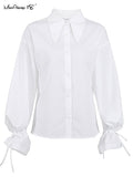 Yipinpay Ladies Office White Blouse Elegant Long Sleeve Lace Up Flare Sleeve Shirts Women Lapel Work Tops 2023 Fashion Korean