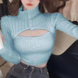 Yipinpay High Collar Sweaters Long Sleeve Top Mink Cashmere Sweet Solid Soft Mohair Pink Sweater Women Sueters De Mujer Crop White