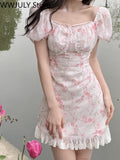 Yipinpay Summer Sexy Elegant One Piece Dress Korea Fashion Short Sleeve Lace Midi Dress Woman Casual Vintage Floral Party Dress Slim