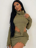 yipinpay Two Piece Sets Turtlenck Crop Top Tassel Mini Skirt Sets Women Outfits Y2K Clothes Solid Slim Streetwear Green Dress Set