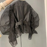 Yipinpay Coat Women Organza Bubble Sleeved Ruffled Fashion Leather Jacket Streetwear Retro Y2k Black Faux Leather Jacket Autumn