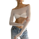 Yipinpay Knit Tops Sexy See Through Off The Shoulder Ruched Bodycon Crop Top for Women Fashion Long Sleeve T-Shirts White