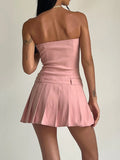 Yipinpay Women Y2K Vintage Retro Mini Dress Strapless Backless Pleated Low Waist Solid Color Preppy Style Slim A-line Tunics