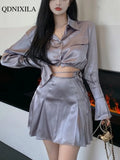 Yipinpay Summer Fashion Elegant Women's Skirt Set Full Flare Sleeve Lace Bandage Satin Short Shirt and High Waist Skirt 2-piece Set