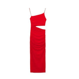 Yipinpay Cut Out Red Long Dress Women Asymmetric Slip Dress Woman Ruched Elegant Party Dresses For Women Summer Sexy Evening Dresses