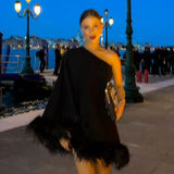 Yipinpay Women Sexy Solid Color Single One Shoulder Long Sleeve Backless Feather Plush Patchwork Trim Short Mini A-Line Dress