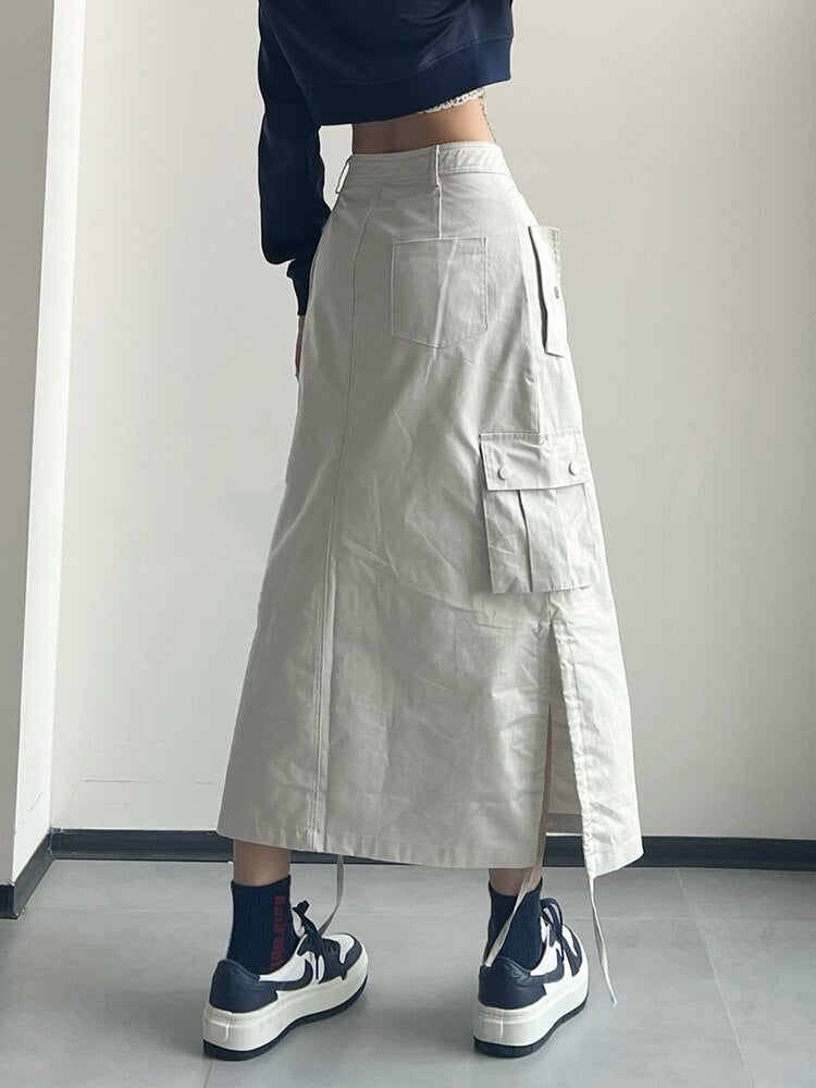 Yipinpay Long Cargo Skirt Women Y2k Streetwear Vintage Pocket High Waist Side Split Shirring Casual Straight Midi Skirt Korean
