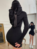 yipinpay Dress Women Long Sleeve Black Dress Skinny Solid Bodycon Mini Dress Above Knee Autumn Winter Streetwear Knitted Dress