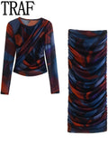 Yipinpay Ruched Tulle Skirt Woman Print High Waist Long Skirts Sets Bodycon Mesh Skirt Women 2023 Streetwear Autumn Tight Skirt