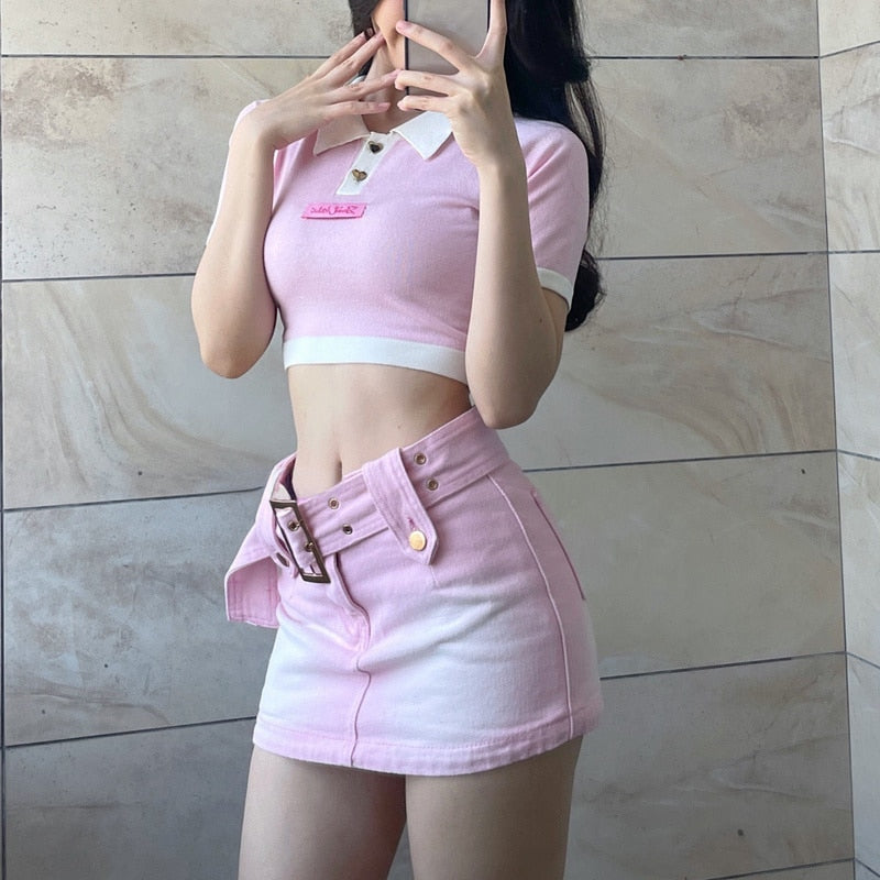 Yipinpay Pink Sexy Girl Jean Skirt Women Summer Y2k Belt Cute Low Waist A-line Slim Denim Mini Skirt Korean Style Streetwear