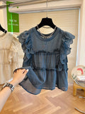 Yipinpay for Women Ruffled Fly Sleeve Round Neck Summer Sweet Doll Shirt Loose Niche Sleeveless Top Blusas White Shirt Blouses