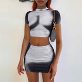 Yipinpay Fashion Women Summer 2-Piece Outfits Tie-Dye Print Short Sleeve T-Shirt And Elastic Mini A-Line Skirt Beach Clubwear S M L