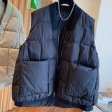 Yipinpay New Cotton Padded Zip Warm Jacket Winter Puffer Vest Pocket Women's Quilted Vest Stand Collar Overcoat Top Black Parkas