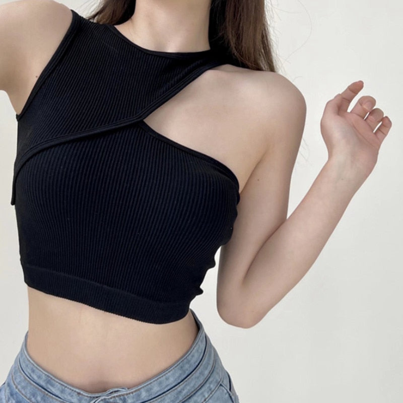 Yipinpay Women Tanks Crop Tops with Solid Color, Sexy Skinny Version Irregular Casual Style Summer Clothing Club Wear