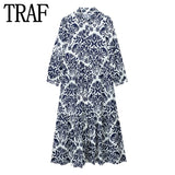 Yipinpay Blue Printed Long Dress Women Ruffle Shirt Dress Woman 2023 Ruched Midi Dresses Loose Casual Summer Women's Dresses