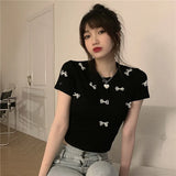 Yipinpay Sexy Crop Tops Bow Beaded Tshirt Women White Short Sleeve T-shirts Cotton Korean Y2k Clothes Graphic Tee Spring Summer