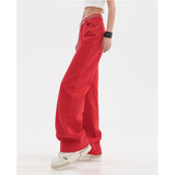 yipinpay Women's Clothing Red Jeans Vintage Casual Straight Self Cultivation Wide Leg Pants High Waist Baggy Denim Trouser Ladies Summer
