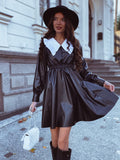 Yipinpay Patchwork Women Leather Dresses With Peter Pan Collar High Waist Spring 2023 Dress Elegant Ladies Black Dress Frill