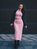 yipinpay Dress Set Short Sleeve Crop Top High Waist Long Skirt Suit Pink Matching Sets Women Outfit Streetwear Chic Two Piece Set