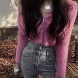 Yipinpay Solid Color Mohair Cropped Pink Cardigan Women Slim Wild Half Zipper Sweaters for Women Fleece Crop Tops Black White