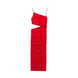 Yipinpay Cut Out Red Long Dress Women Asymmetric Slip Dress Woman Ruched Elegant Party Dresses For Women Summer Sexy Evening Dresses