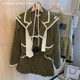 Yipinpay Piece Outfits Preppy Navy Collar Jacket Vintage Mini Pleated Skirts Sets 2023 Fall Patch Contrast Sailor Coat Casual