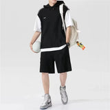 Yipinpay Men's Large Size Sports Suit Breathable Casual Wear Wild High Street Chic Fake Two-piece Casual T-shirt + Simple Shorts