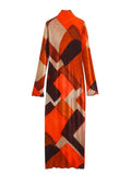 Yipinpay Vintage Printed Long Dress Women High Neck Autumn Winter Woman Dress 2023 Long Sleeve Midi Dress Casual Women's Dresses