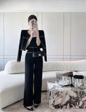 Yipinpay Piece Sets Womens Outifits Small Fragrant Suit Black Tweed Coat Blazer Jacket Wide Leg Pants Sets Winter Vintage Clothing