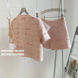 Yipinpay Sets 2 Piece Sets Womens Outifits O Neck Pink Tweed Jacket Femme Crop Cardigan Tops Korean Coat Short Pant Suit
